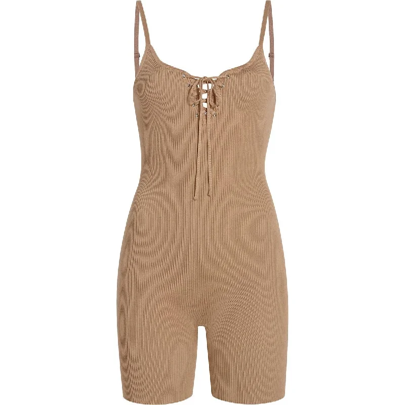 Hurry In Madden Girl Women's Ribbed Knit Tie Front Sleeveless Bodycon Romper