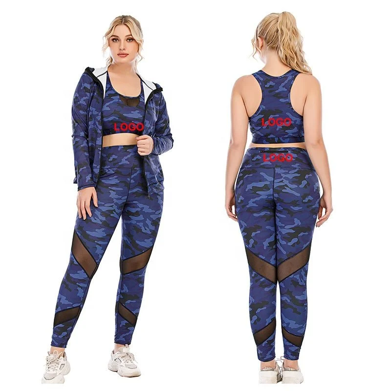 Price Cut Blue Camouflage Yoga Sets 3XL Women's Sportswear Plus Size 3pcs Yoga Suit Legging Fitness Sports Bra Jacket Fall Yoga Set 20set
