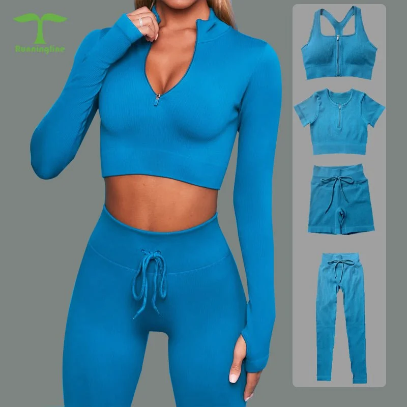 Closeout Front Zip Long Sleeve Crop Top Seamless Ribbed Texture Full Length High Waist Workout Fitness Legging workout clothes set