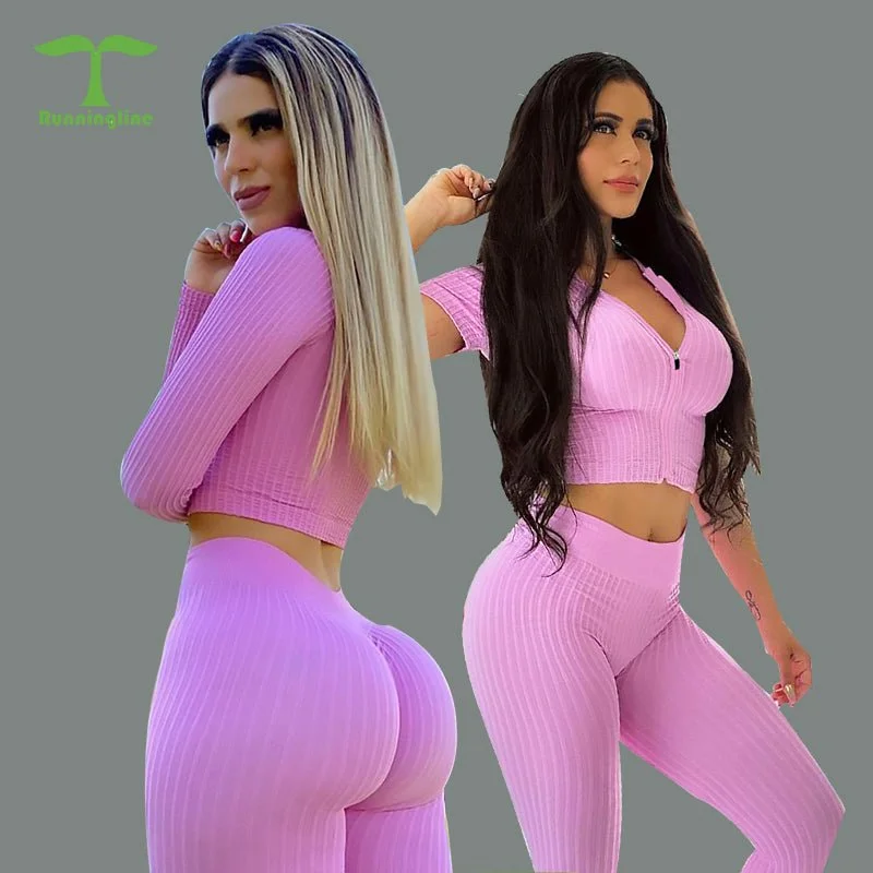 One-DAY Sale Seamless Ribbed Zipper Short Sleeve Top & Peach Bum Legging Yoga Set