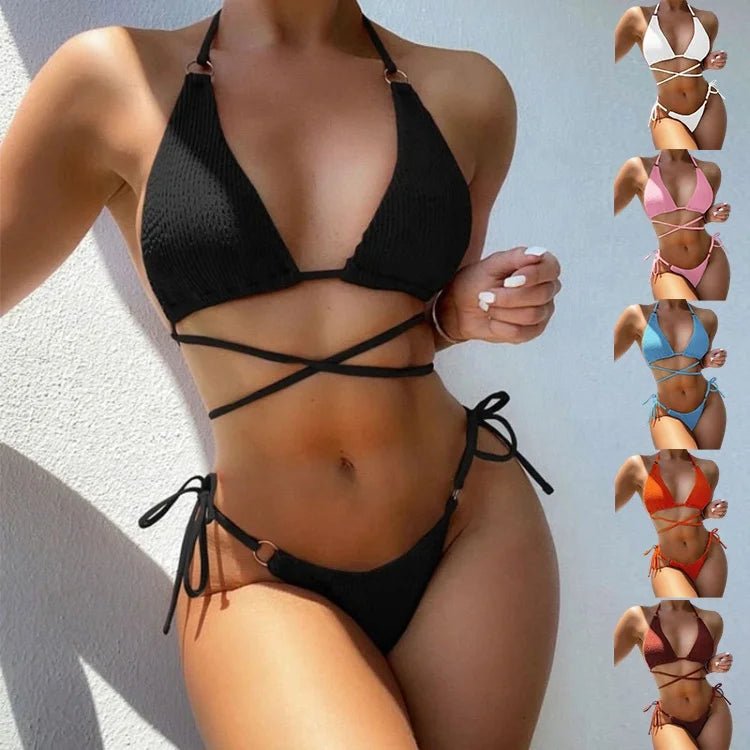 Summer Women Solid Sexy Ladies Split Nylon Swimsuit Beach Wearing Swimwear Two Piece Triangle Thong Ribbed Micro Bikini Set