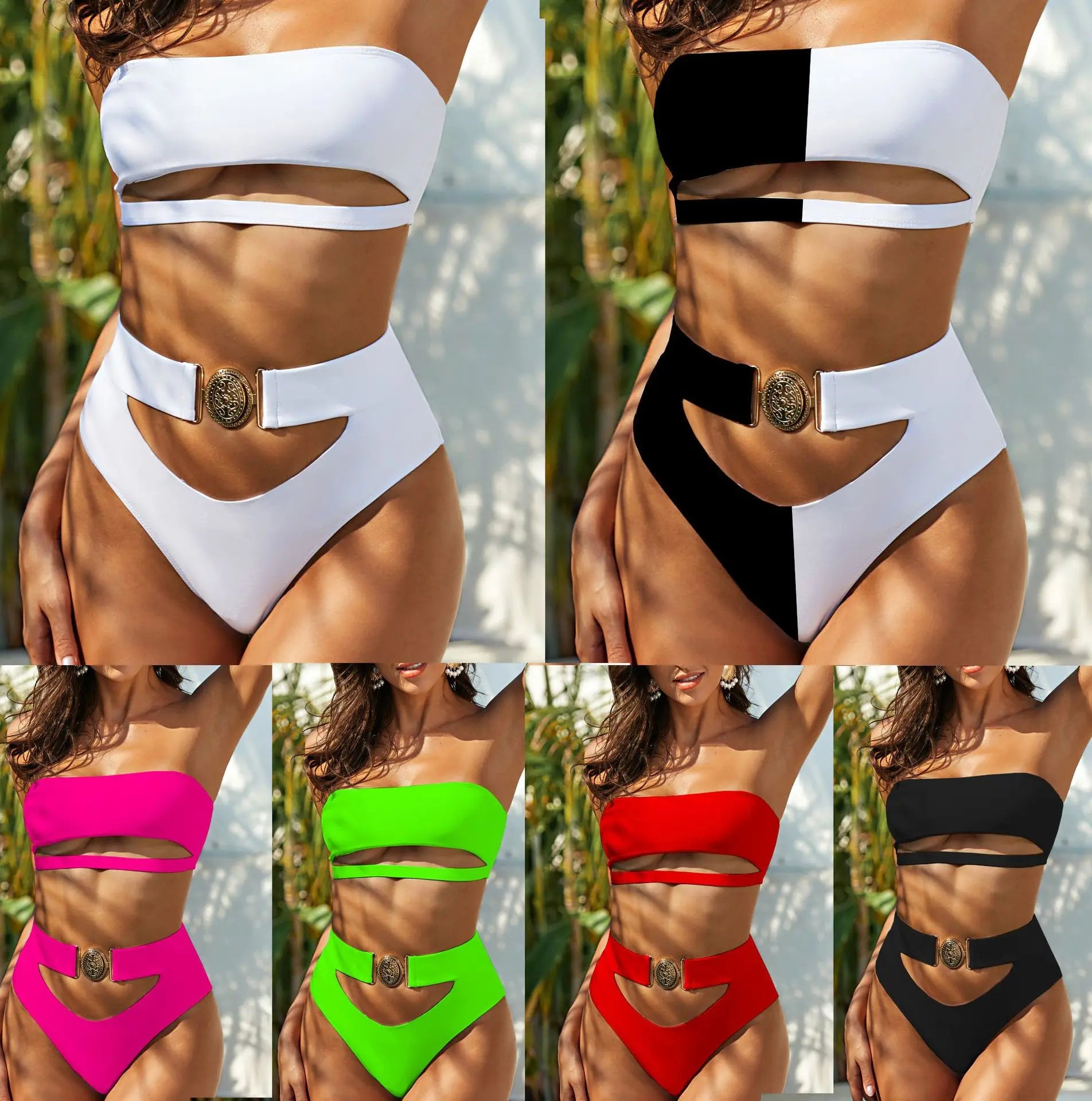 Women clothing summer bikini solid swimwear hollow out high waist woman sexy beach swimwear bikini set swimwear