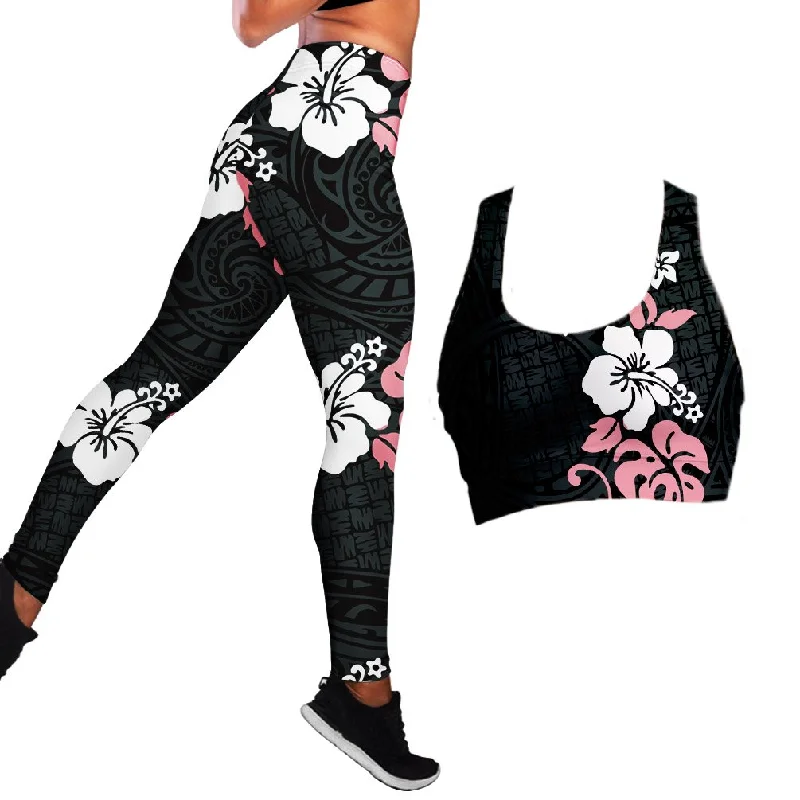Now or Never Polynesian Hibiscus Seamless Yoga Set Sports Bras Leggings 2 Piece Set Women Workout Clothes Workout Set for Gym Jogging Fitness